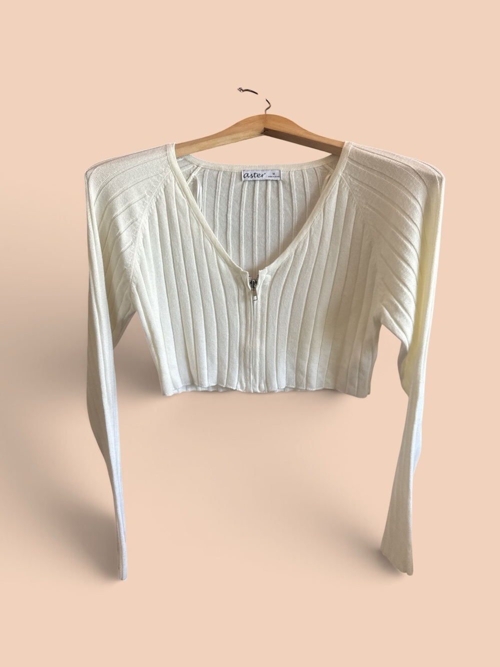 Aster Size Medium Zip-Front Ribbed Cropped Cardigan - Cream Casual Long Sleeve